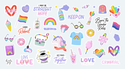 Cute LGBTQ pride stickers. Colorful design elements and typography. Vector collection of LGBTQ symbols and lettering.