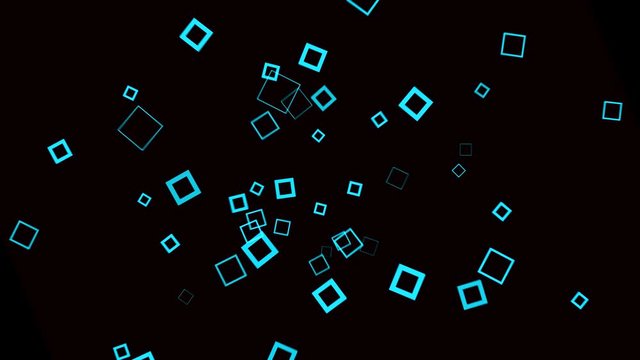 Colored squares splash out and spread out on black background. Animation. Square frames appear as outliers and spread out on black background
