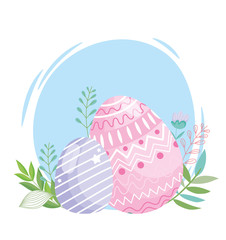 happy easter pink and purple eggs decoration foliage
