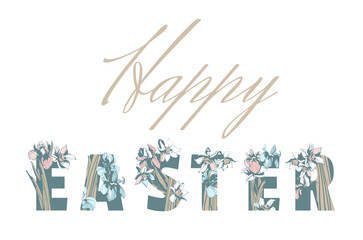 Happy Easter background greeting card with decorated spring flowers lettering