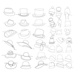 vector, isolated, simple single line drawing of a set of caps and hats