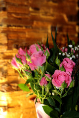 Pink little roses with magic light and shadows. Flower bouquet. Joy for women.