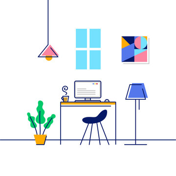 work from home freelance creative working space interior. Modern cozy home workspace with table, laptop computer , lamp, plants, painting art.  Vector illustration