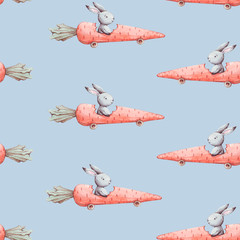 Beautiful vintage texture. Cute rabbit. Hand drawn watercolor seamless pattern bunny in carrot car. Hares cartoon animals on blue background.