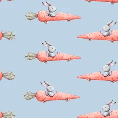 Foto op Plexiglas Dieren onderweg Mooie vintage textuur. Leuk konijn. Hand getekend aquarel naadloze patroon konijntje in wortel auto. Hazen tekenfilm dieren op blauwe achtergrond.