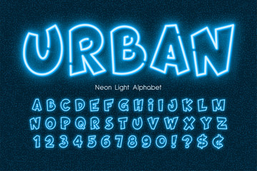 Fototapeta premium Neon light 3d alphabet, extra glowing comic style type.