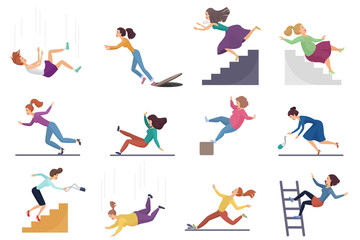 Fototapeta na wymiar Set of cartoon vector injuring female woman falling down the stairs and over the edge, ladder, drop from the altitude, wet floor falling, stumbling on the sewer hall, tripping on stairs isolated
