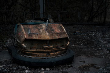 car ride in abandoned old amusement park in the city of Pripyat Chernobyl, Ukraine