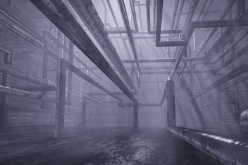 Abstract background iron pipes in the form of a labyrinth in the premises of the plant, around steam, chemical production. Photorealistic 3D render.