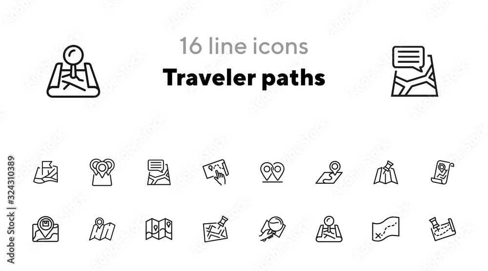 Poster Traveler paths line icon set. Map, route, itinerary. Travel concept. Can be used for topics like navigation, location, guide