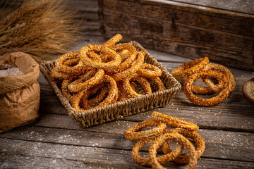 Round pretzels with sesame seeds
