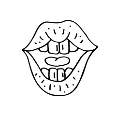 Human lips, mouths, organ, doodle hand drawn vector illustration, sticker, icon, design element. Black monochrome design. Isolated on white background. Easy to change color. Feminism speech element. 