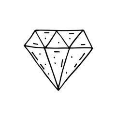 Diamond, crystal, stone, luxury doodle hand drawn vector illustration, sticker, icon, design element. Black monochrome design. Isolated on white background. Easy to change color. Feminism symbol.