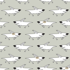 Growling Dog Background for Kids. Vector Seamless Pattern with doodle Angry Bullterrier. Bull terrier Dogs
