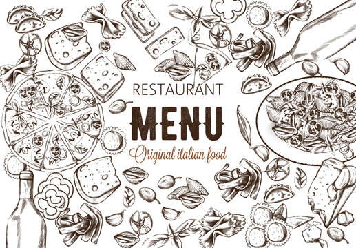Line art food composition with delicious pizza, pasta with tomatoes, cheese and red wine. Sketch style. Italian restaurant menu template. Vector