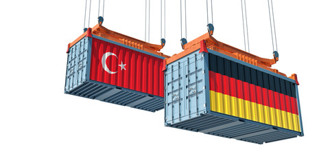  Freight container with German and Turkey flag. Isolated on white for compositing. 3D Rendering