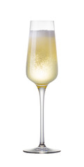 Glass for champagne with splashes isolated on white background.