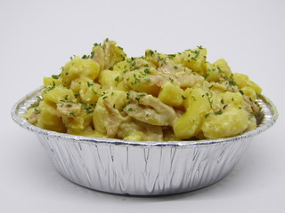 mac n cheese with elbow macaroni pasta cheesy cream, sausage beef meat cornet, parsley chive garnish crunchy breadcrumbs topping without flour. Baking dish Classic american asian style cuisine schotel
