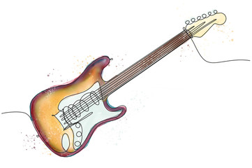 Disegno a linea continua di chitarra elettrica colorata con tecnica ad acquarello. Serie strumenti musicali