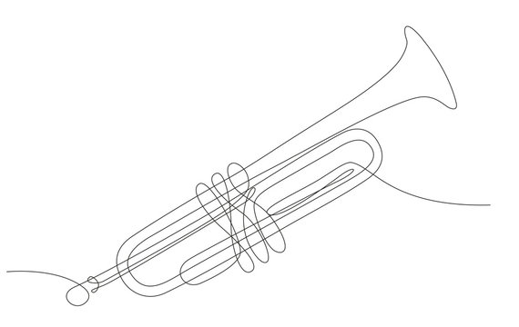 Illustrazione a linea continua di una tromba, isolata su sfondo bianco. Serie strumenti musicali