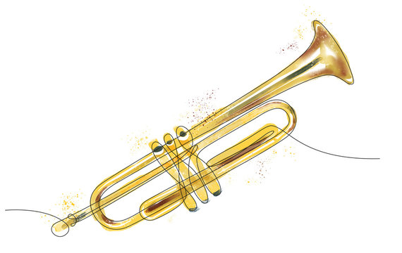 disegno a singola linea continua di tromba colorata con tecnica ad acquarello