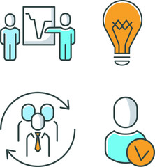 light bulb person with checkmark report graphics three persons in a round frame of two arrows color
