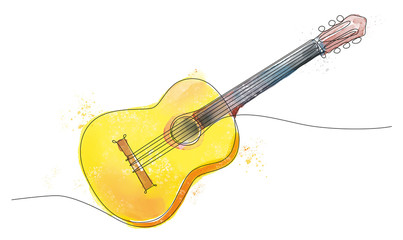 disegno a singola linea continua di chitarra classica colorata con tecnica ad acquarello - obrazy, fototapety, plakaty