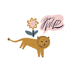 Vector cute little baby lion, pastel colour illustration in nursery scandinavian style, funny happy cartoon character, girl cat with flower