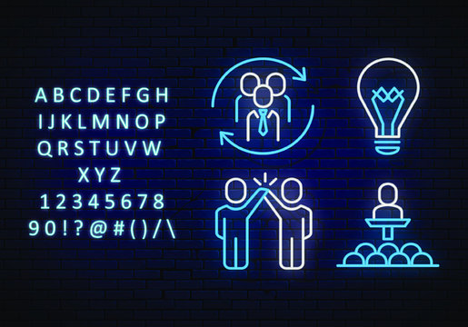 Set Of Speaking To A Crowd, Three People In A Round Frame Of Two Arrows.  Two Neon People, Lightbulb