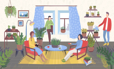 Housplants room interior with gardeners people, nature and home garden, plants indoors concept vector illustration. Man taking care of houseplants at home, woman florist in room full of greenery.