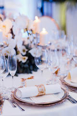 Empty glasses in restaurant. Table setting for celebration