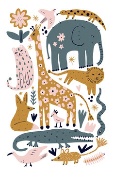 Vector illustration of cute wild safari African animals. Including leopard, lion, giraffe, fox, birds, snake, salamander lizard and more. Funny cartoon doodle characters in scandinavian style. Kids nu