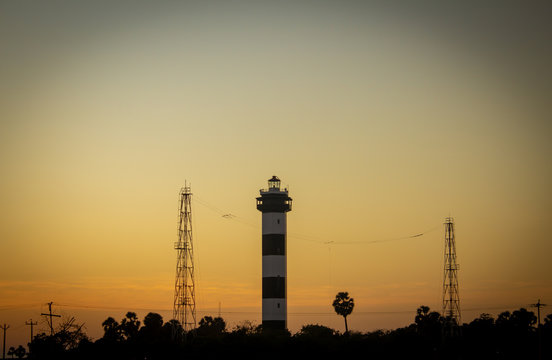 View of Pulicat Lighthouse with communication towers, Pulicat(also known as Pazhaverkadu), Tamil Nadu, India. Pulicat is a fishing town north of Chennai, India.