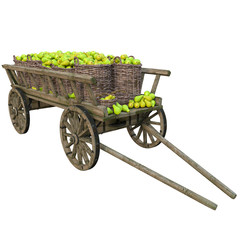 Harvest ripe juicy pears folded in a wicker basket in a wooden cart