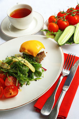 Gourmet meat meals assortment flat lay. Top view on restaurant table with menu of tasty grilled snacks. Concept for restaurant menu.