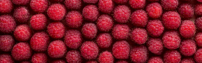 Fresh berries of sweet raspberries, close-up, top view, long banner
