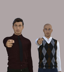 Two people point a finger - symbolizes attracting attention, giving directions, leadership in business and life.3D rending.
