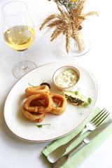 Gourmet meat meals assortment flat lay. Top view on restaurant table with menu of tasty grilled snacks. Concept for restaurant menu.
