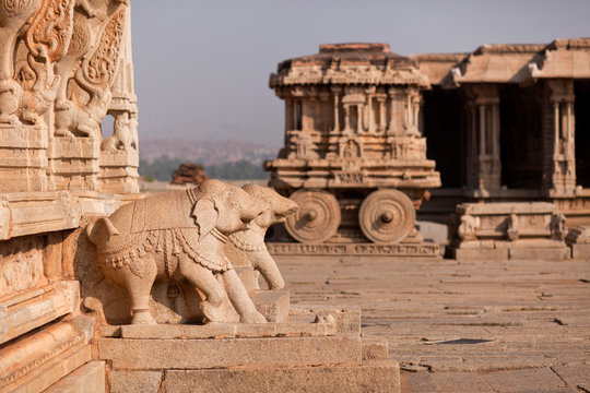 India, Karnataka, Stone Chariot and elephant figures at Vittala Temple in Hampi