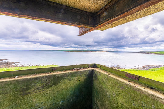 Scotland, Orkney Islands, View from World War II military lookout post over Kirk Sound