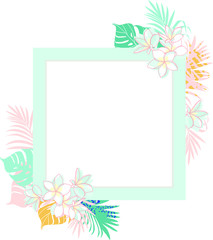Vector Design Vector frame template with tropical green leaves and flowers on white background. Card with place for text. Spring or summer  Trendy design