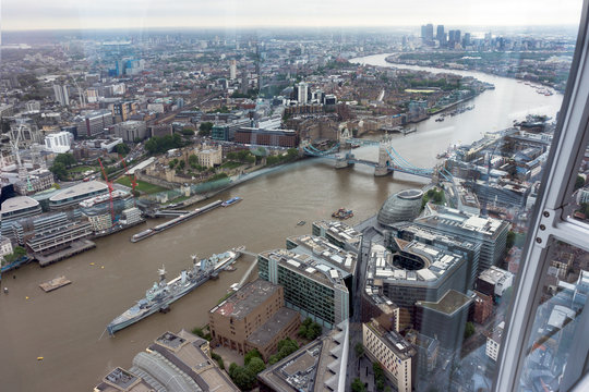 Great Britain, Endland, London, Southwark, View from The Shard to Tower Bridge and War ship HMS Belfast
