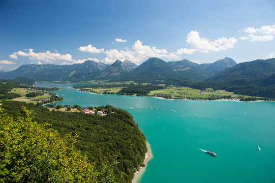 Austria, Salzkammergut, Salzburg State, Lake Wolfgangsee, View to Strobl and Lake Abersee