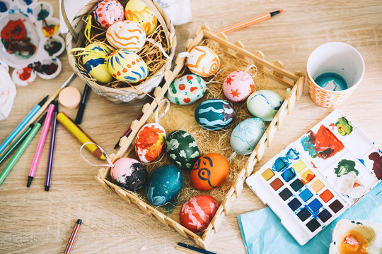 Easter Background. Paints and decorations for coloring eggs