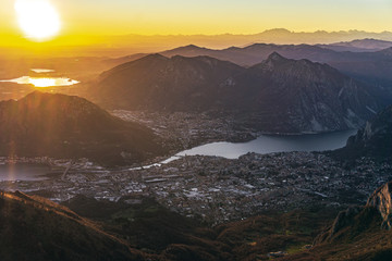 Sunset and landscape in the Orobie Alps during a fantastic cloudless day, near the town of Lecco, Italy - February 2019.