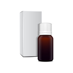 Realistic essential oil brown glass bottle. Mock up bottle cosmetic or medical vial, flask, flacon 3d illustration