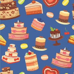 Wedding cakes seamless pattern of sweet baked vector isolated cakes. Strawberry cake for holiday, baked chocolate cake for gourmet, birthday celebration cherry cake bakery with fruit background.