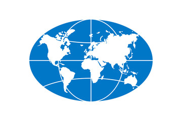 Fototapeta premium World planet map elongated circle blue icon. Globe earth continents vector oval isolated symbol