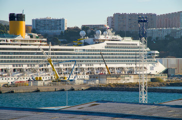 Cruiseship or cruise ship liner in dry dock for maintenance or refurbishment works in Marseille