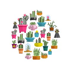 Cartoon cactuses and succulents in circle on white background, vector illustration. Different cacti and succulents with thorns, flowers, leaves and pots. Poster in simple flat style.